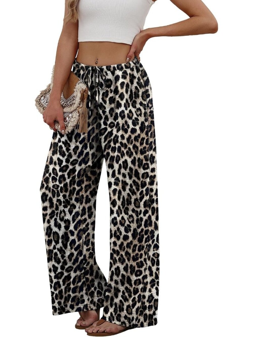 Women's Leopard Flowy Elastic Waist Trousers with Pockets Summer Leg Pants - Picture 4 of 5